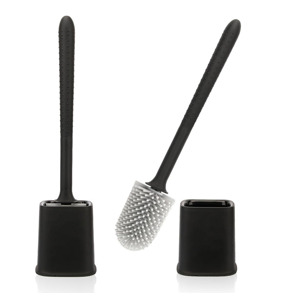 Canvint Toilet Brush, 2 Pack Silicone Toilet Brush with Holder Set, Dead Corner Deep Cleaning Toilet Brush with Quick Drying Holder, Loo Brush with Flexible No-Slip Long Plastic Handle (Black)