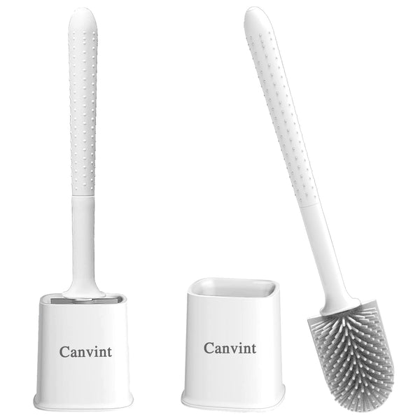 Canvint Toilet Brush, 2 Pack Silicone Toilet Brush with Holder Set, Dead Corner Deep Cleaning Toilet Brush with Quick Drying Holder, Loo Brush with Flexible No-Slip Long Plastic Handle (White)