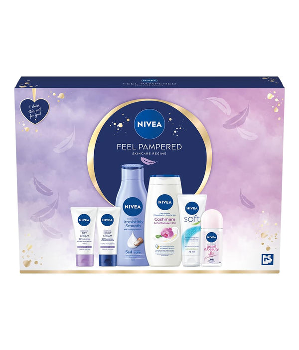 NIVEA Women's Feel Pampered Skincare Regime Gift Set, Includes Shower Cream, Anti-Perspirant, Body Lotion, Moisturising Day and Night Cream