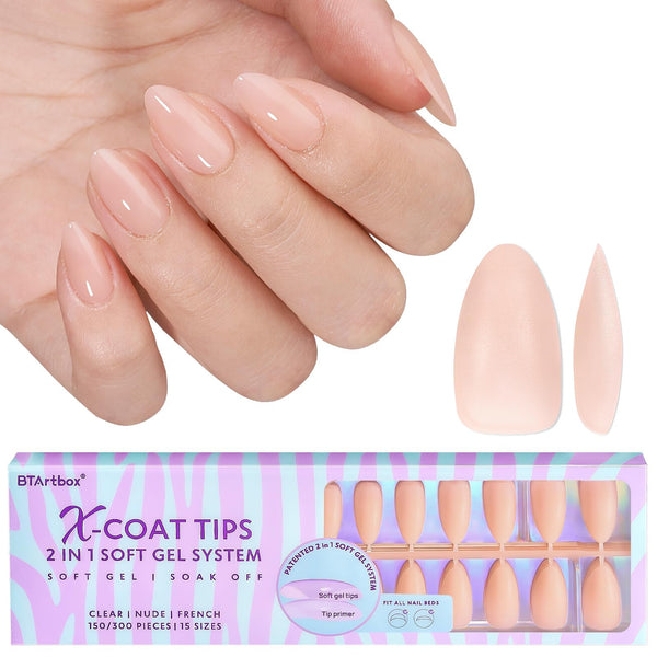 Short Almond Gel Nail Tips - BTArtbox Soft Gel Press On Nails, Nude XCOATTIPS false nails, Pre-applied Tip Primer Natural Full Cover Fake Nails for Nail Extensions