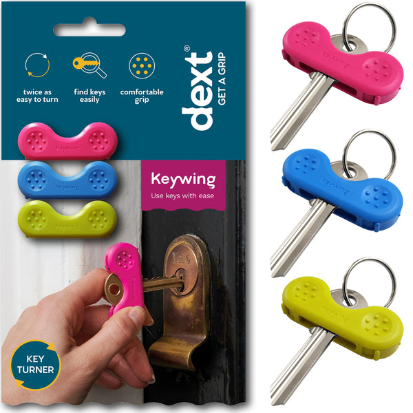 Keywing Key Turner Aid - 3 Pack. Makes keys so much easier to find, grip and turn. Perfect key cover cap for arthritis, MS or parkinsons gift, elderly with weak hands, key finder and holder.