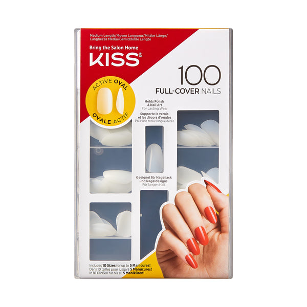 KISS 100 Full-Cover Manicure Kit, Medium Length Active Oval Fake Nails, Longer Lasting, 10 Sizes with Maximum Speed Nail Glue