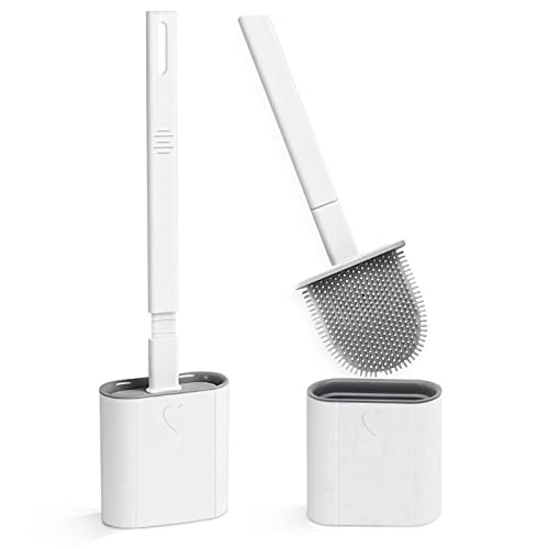 Toilet Brush, 2 Pack Bathroom Silicone Toilet Brushes and Holder Sets with No-Slip Long Plastic Handle and Soft Flexible Bristles, Toilet Brushes with holders and Base for Anti-drip (White)