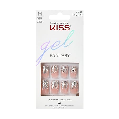 KISS Gel Fantasy Collection Glue-On Manicure Kit, Fanciful, Medium Length Square Fake Nails Includes 28 False Nails, Nail Glue, Nail File, and Manicure Stick
