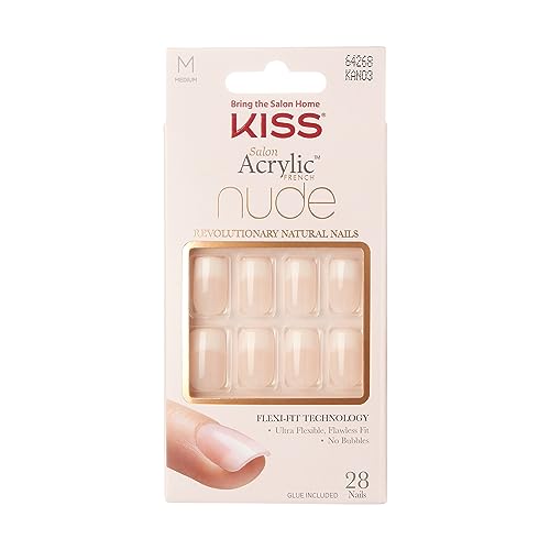 KISS Salon Acrylic French Nude Collection, Cashmere, Medium Length Nude Fake Nails, Includes False Nails, Nail Glue, Nail File, and Manicure Stick, 28 Count (Pack of 1)