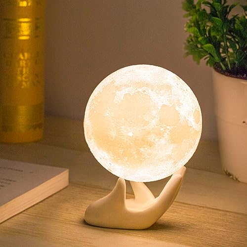 Methun 3D Moon Lamp with 3.5 Inch Ceramic Base, LED Night Light, Mood Lighting with Touch Control Brightness for Home Décor, Bedroom, Gifts for Father Kids Women Birthday - White & Yellow