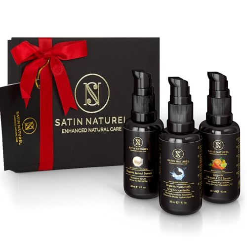 Mothers Day Gifts - Beauty Gift Box with Hyaluronic Acid Serum for Face + Vitamin C Serum + Retinol Serum 3x30ml - Gifts for her - Gifts for Mum - Mum Gifts - Natural Skincare by Satin Naturel