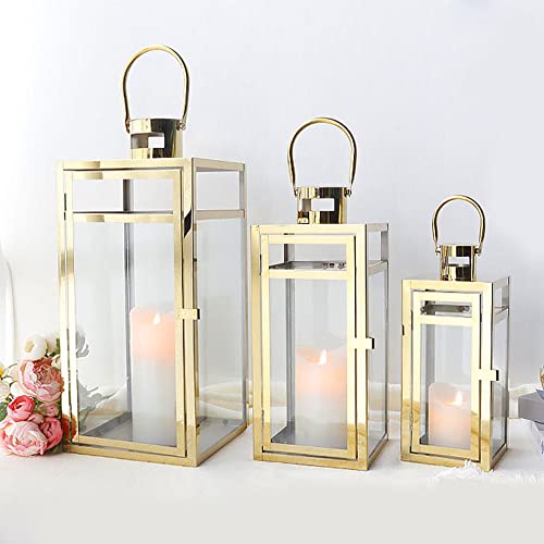 TRIROCKS Set Of 3 Stainless Steel Candle Lantern 48cm&38cm&30cm High Metal Candle Holder With Clear Glass Panels Perfect For Home Decor Living Room Parties Events Tabletop Indoors Outdoors (Gold)