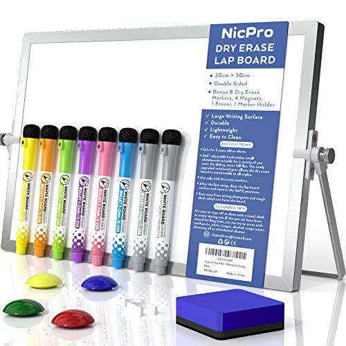 Nicpro Dry Erase Mini Whiteboard A4, 20 x 30 cm Double Sided Small Magnetic Desktop Whiteboard with Stand, 8 Pens, 1 Eraser,4 Magnet, Portable Whiteboard Easel for Kids Students School Supplies Office