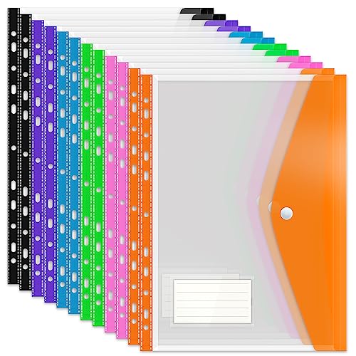 Punched Pockets Plastic Wallets, 12Pcs A4 File Folders for Document Paperwork Clear Assorted Coloured Envelope with Label Pocket Snap Button Ring Binder Home School Office Supplies