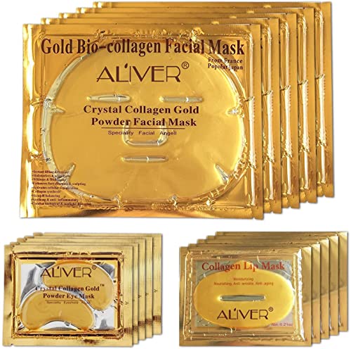 24K Gold Bio Collagen Crystal Face Mask + Eye Mask + Lip Mask, Anti ageing Skin Care (5pairs/set)