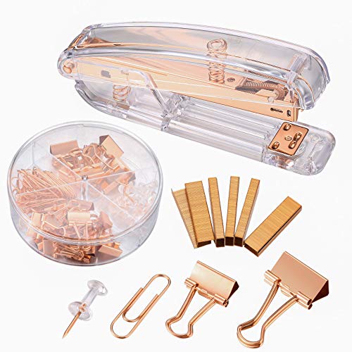Rose Gold Office Stationary Set, Staplers and Staples, Spring Powered Desktop Stapler, Paperclips and Bulldog Clips Kit for Office, Storage, Teacher, School Supplies