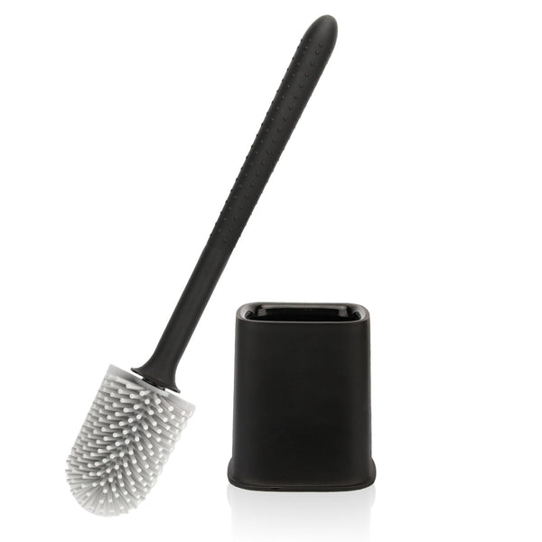 Canvint Toilet Brush, Silicone Toilet Brush with Holder Set, Dead Corner Deep Cleaning Toilet Brush with Quick Drying Holder, Loo Brush with Flexible No-Slip Long Plastic Handle for Bathroom (Black)