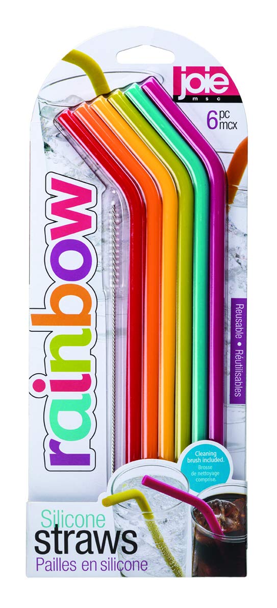 Joie Kitchen Gadgets 12711 Joie Rainbow Reusable Silicone Straws with Cleaning Brush, Set of 6, Colors May Vary