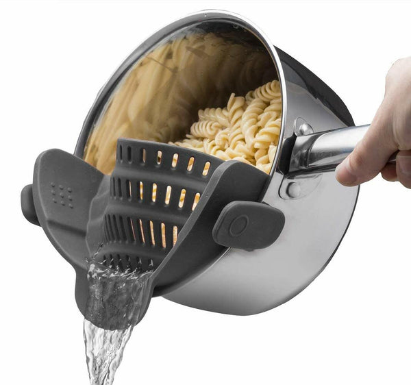 Kitchen Gizmo Snap N' Strain - Silicone Clip-On Colander, Heat Resistant Drainer for Vegetables and Pasta Noodles, Kitchen Gadgets for Bowl, Pots, and Pans - Essential Home Cooking Tools - Grey