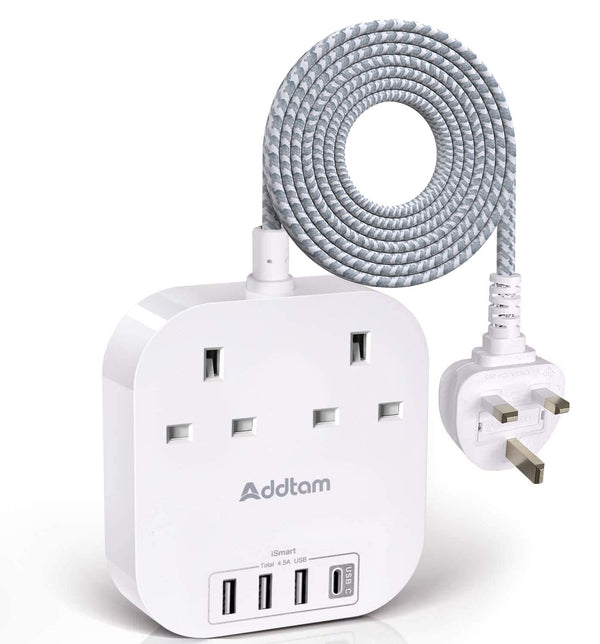 Extension Lead, Power Strips with 2 Way Outlets 4 (4.5A, 1 Type C and 3 USB-A Port) Surge Protection Plug Extension Socket with 1.8 Meter Braided cord for Home Office