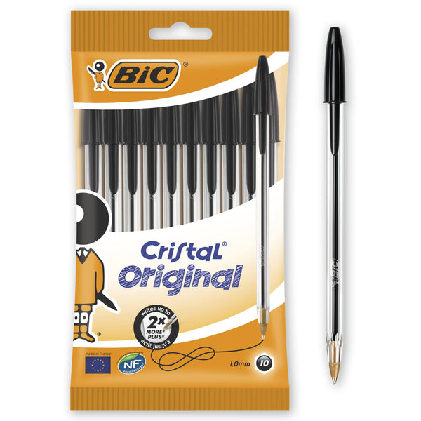 Bic Cristal Original Ballpoint Pens, Smudge-free with Medium Point (1.0 mm), Black, Ideal for Office and School, Pack of 10