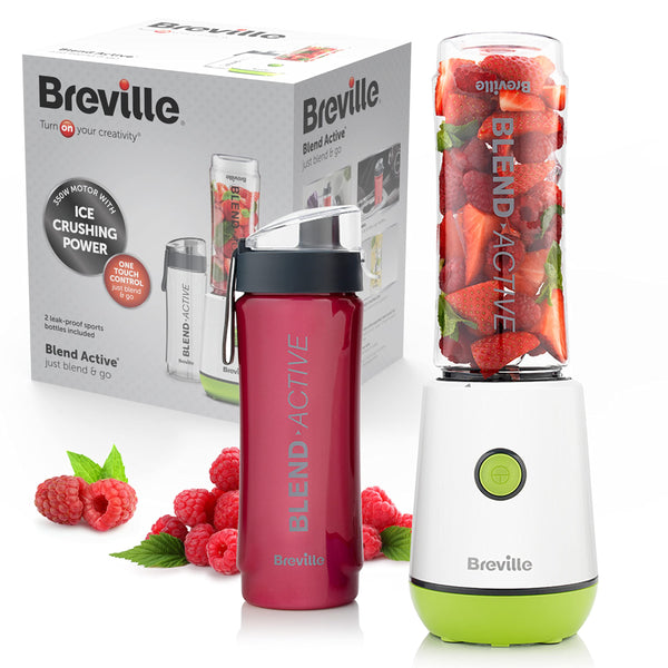 Breville Blend Active Personal Blender & Smoothie Maker | 350W | 2 Portable Blend Active Bottles (600ml) | Leak Proof Lids | White & Green [VBL246]