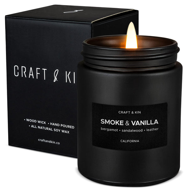 Scented Candles for Men | Smoke and Vanilla Candle for Men | Soy Candles, Long Lasting Candles, Home Decor | Masculine Candle, Wood Wicked Candles, Valentines Candles | Vanilla Candle in Black Jar