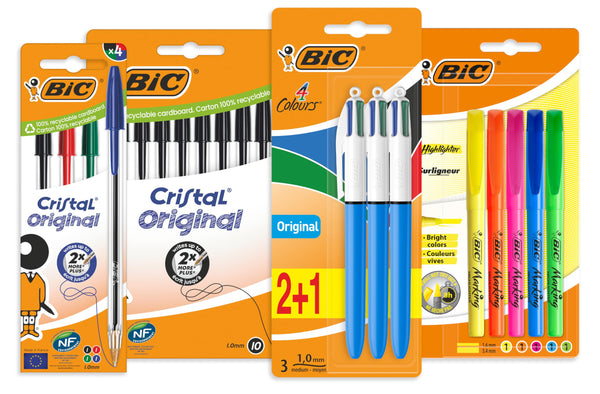BIC Ballpoint Pens, Colouring Pens, 4 Colour Pens, Highlighters and Black Pens, Perfect for School and Office Use, Stationery Set of 22 Pens