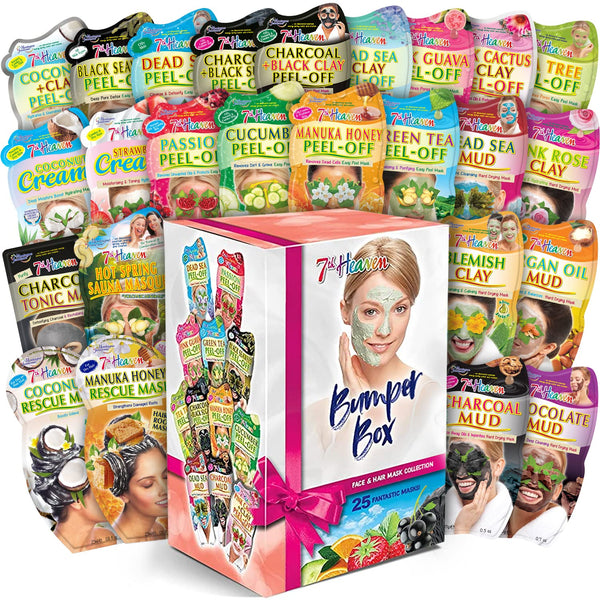 7th Heaven Bumper Box Gift Set - 25 x Face Masks Skincare Set & Hair Masks for Damaged Hair - Mix of Hair Masks, Peel Off Face Masks & Clay Face Mask Sachets - Contents May Vary